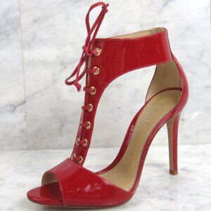 SCHUTZ Red Patent Leather LACE UP T-Strap d'Orsay High Heel Peep Toe Sandals 7US